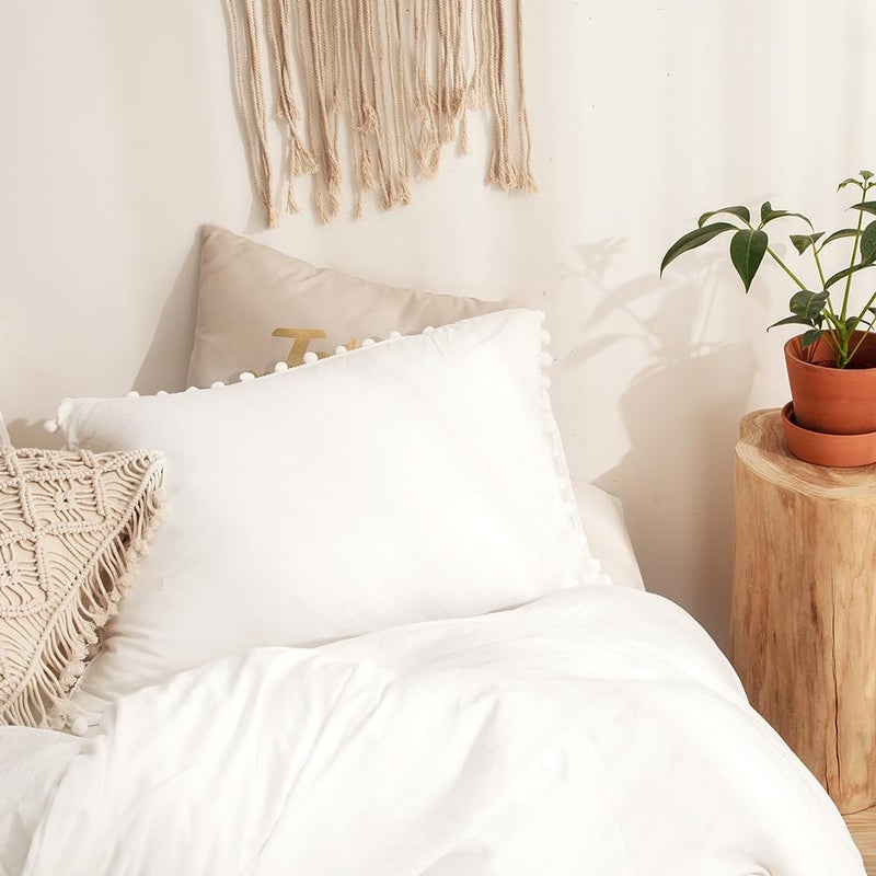 MOVE OVER White Pillowcases, Pom Poms Fringe Pillowcases, Pure White Boho Chic Pillow Shams, Ultra Soft Washed Microfiber 2 Pack Pillow Cover (King, White) - Image 4